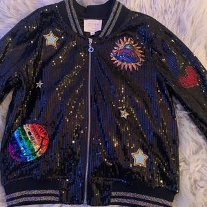 Hannah Banana Black Sequin Bomber Jacket with Fun Patches